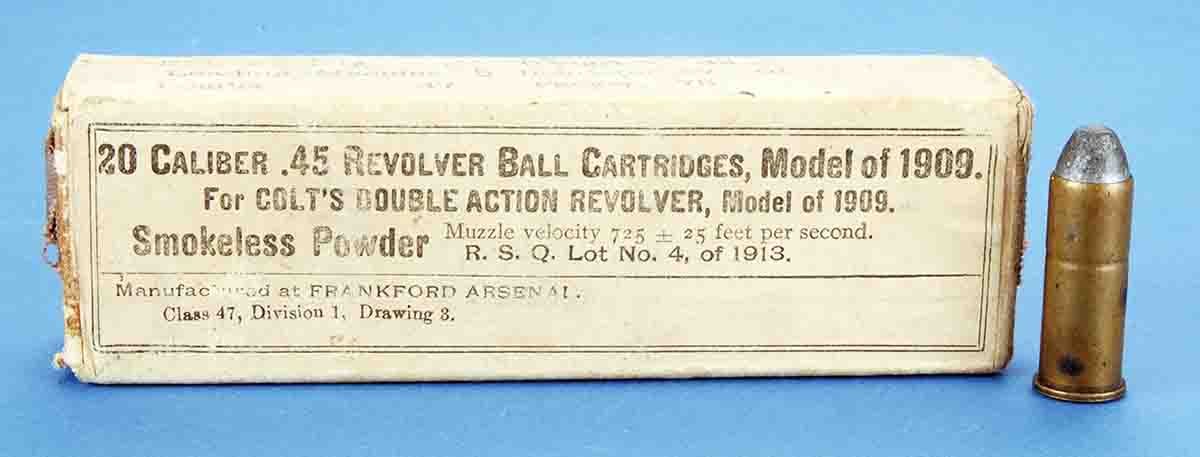 This box of .45 Colt military loads was produced especially for Colt Model 1909 “New Service” double- action revolvers.